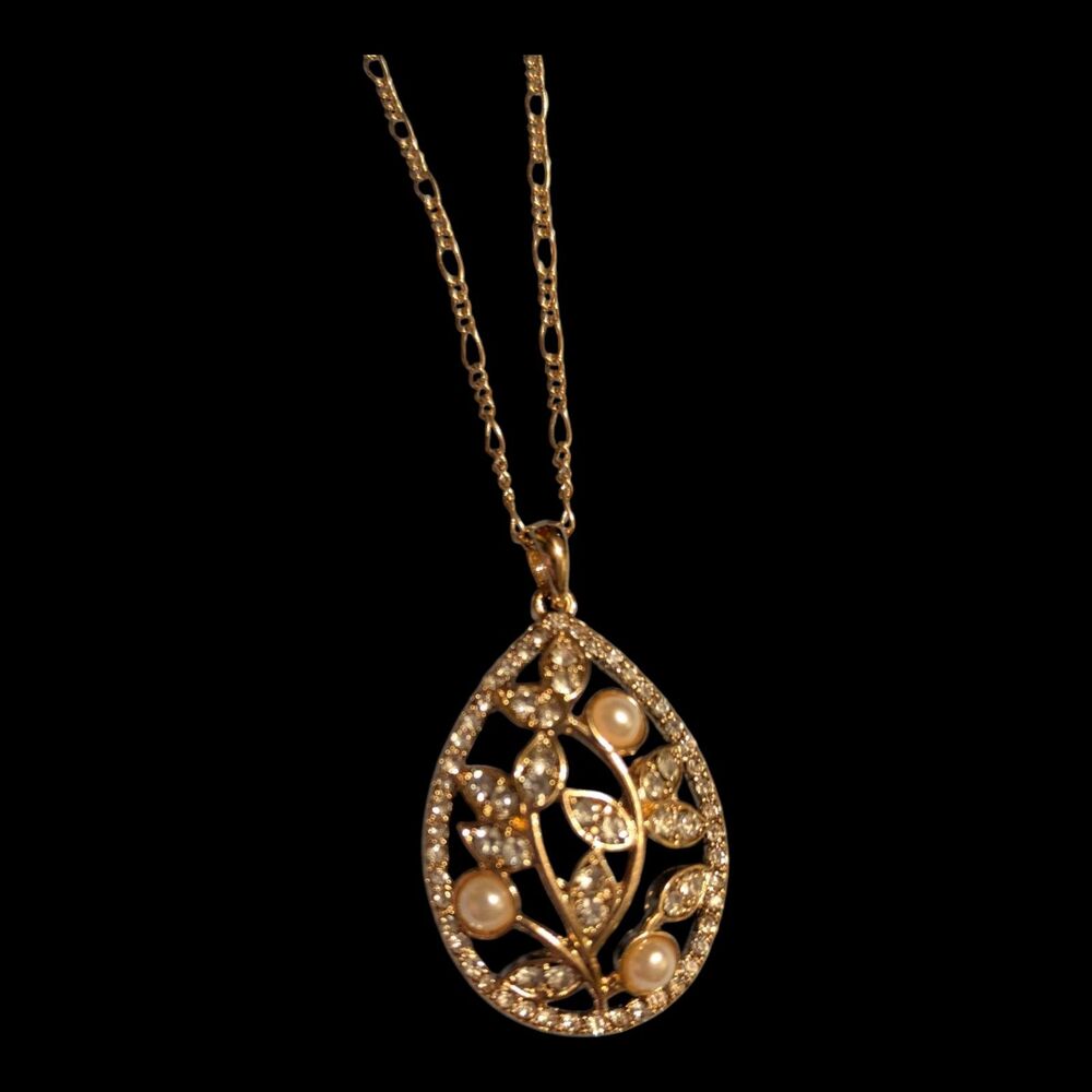 Gold Tone Charm Bracelet & Matching Pendant Necklace Set Floral Teardrop - Picture 4 of 5